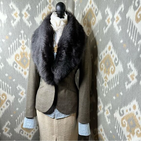 Ralph Lauren * Black Label Olive Glen Plaid Wool Blazer with Shearling Collar - Picture 12 of 16